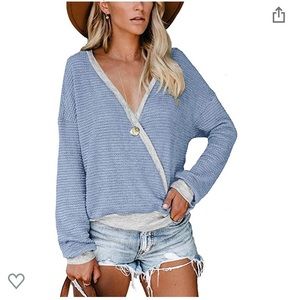 Womens Deep V Neck Long Sleeve Waffle Knit Sweater